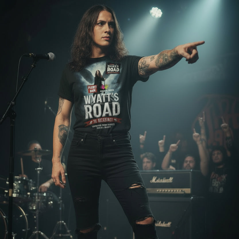 Person wearing a Road to Rockstock t-shirt while performing