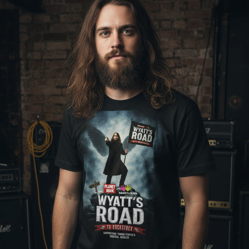 Man wearing a Road to Rockstock t-shirt